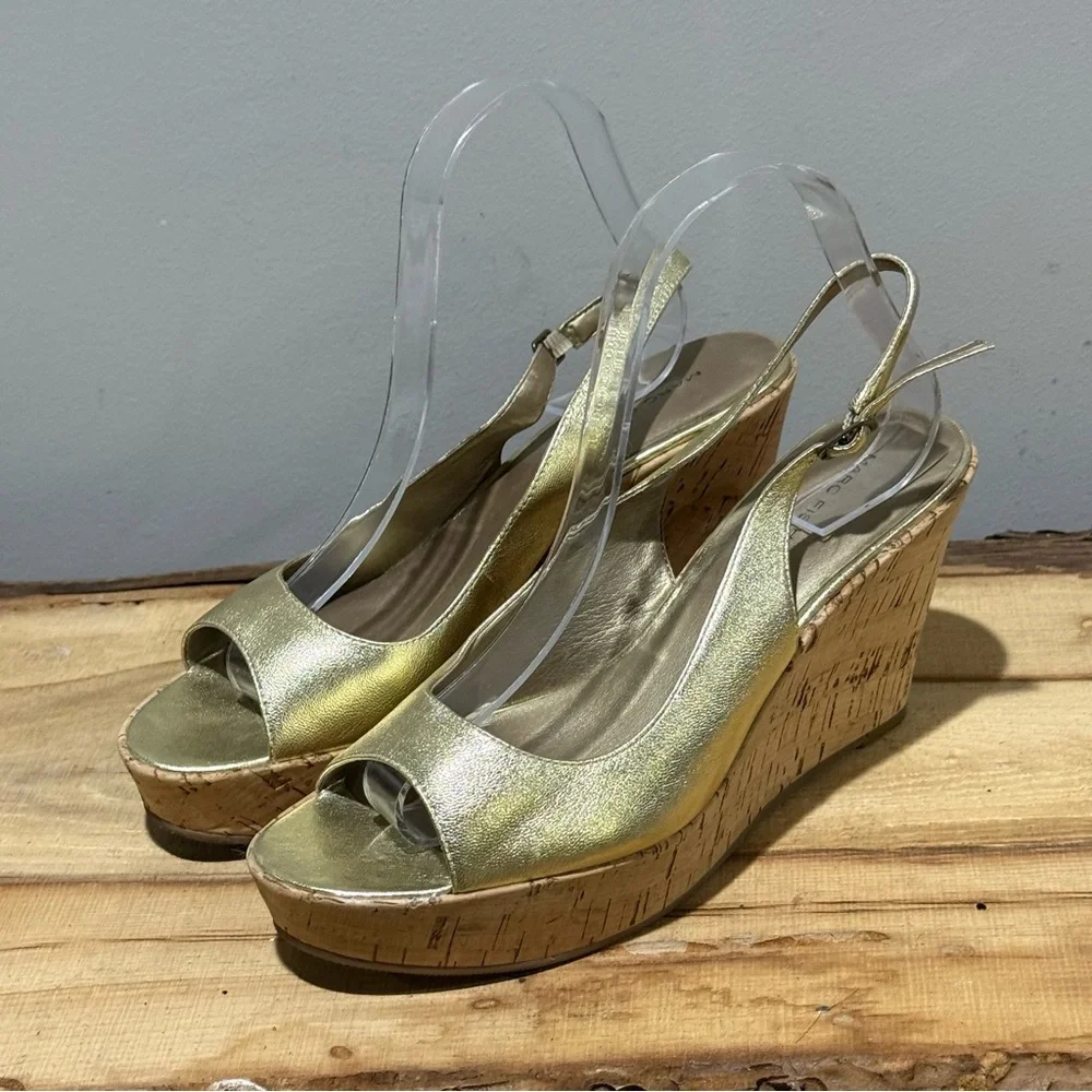 Marc Fisher Espadrille Wedge Platform Sandals‎ Gold Metallic Size 8.5 A21
